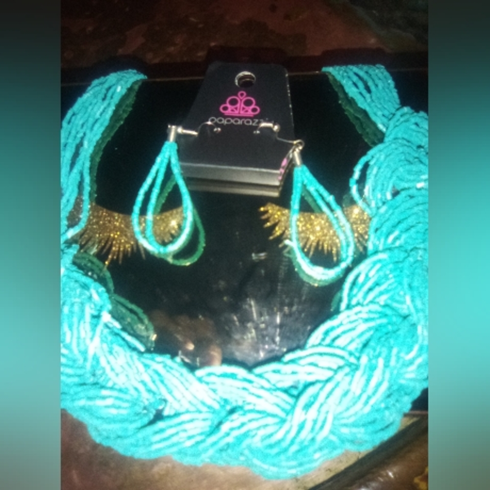 Beaded turquoise blue braided necklace and beaded turquoise blue earrings set